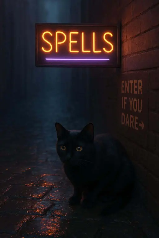Black Cat Beneath Neon Spells Sign