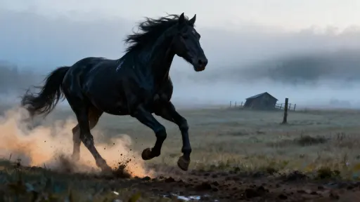 Black Horse Galloping Through Foggy Field