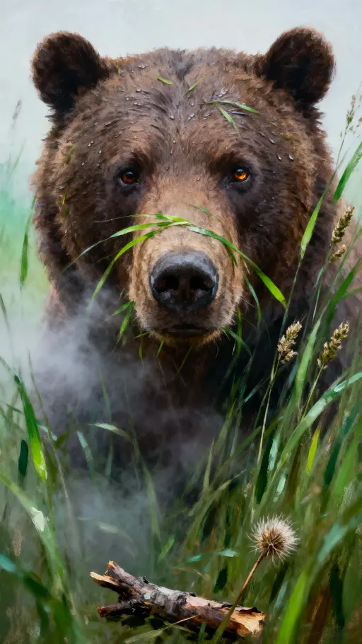 Brown bear head in misty grass