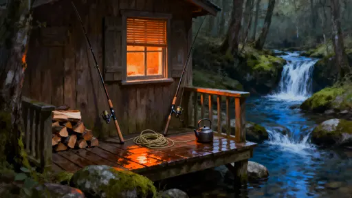 Cabin beside miniature waterfall scene