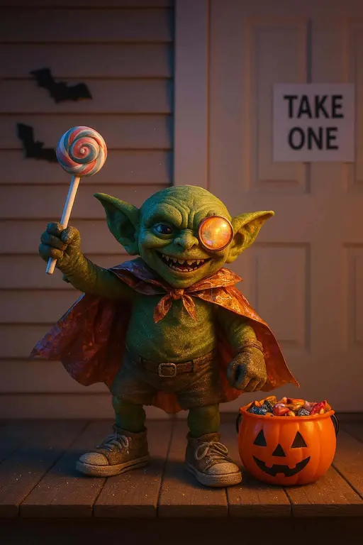 Candy Goblin on Suburban Porch Night