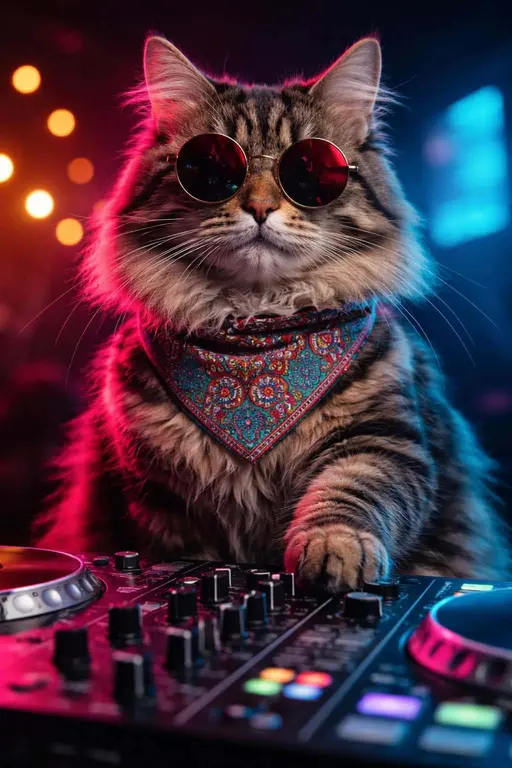cat DJ portrait in neon photography