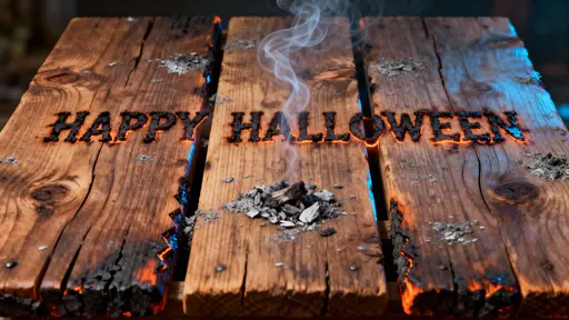 Cedar planks with 'HAPPY HALLOWEEN' burn