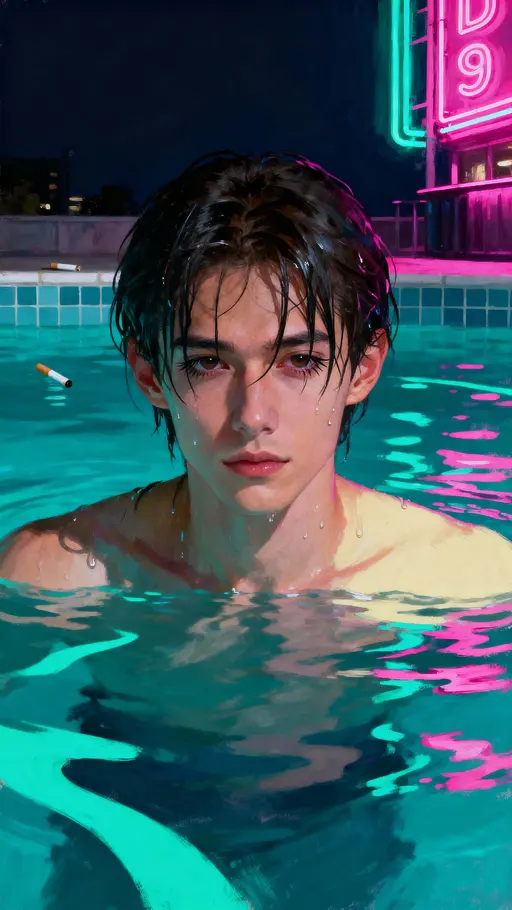 Character Emerging from Neon-Lit Water