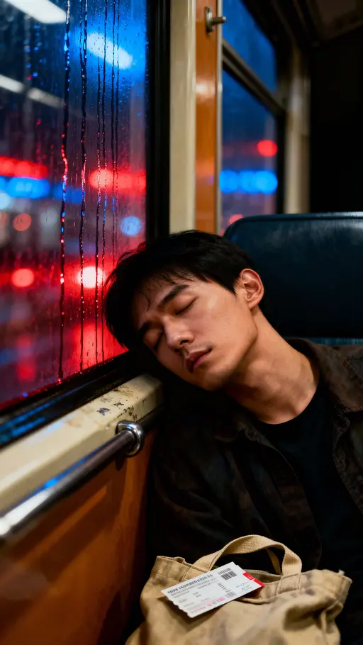 Character resting head against train window