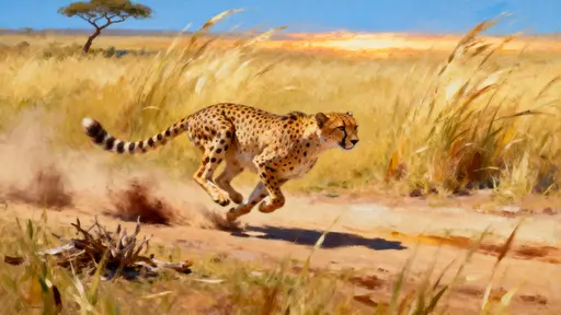 Cheetah sprinting through tall golden grassland