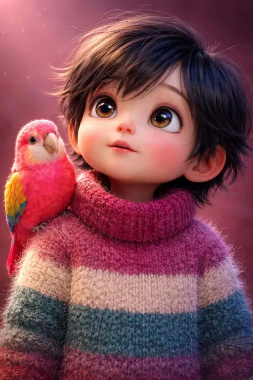 Child and Pink Parrot Stylized 3D Render