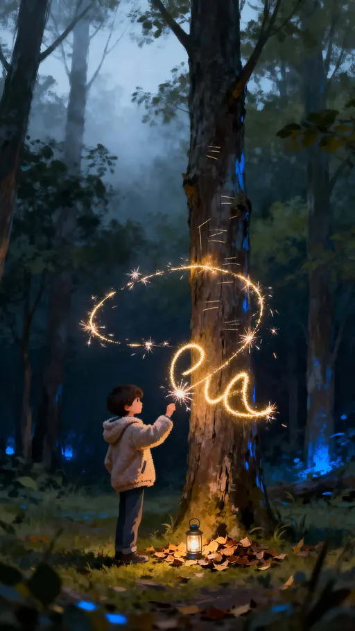 Child drawing glowing words