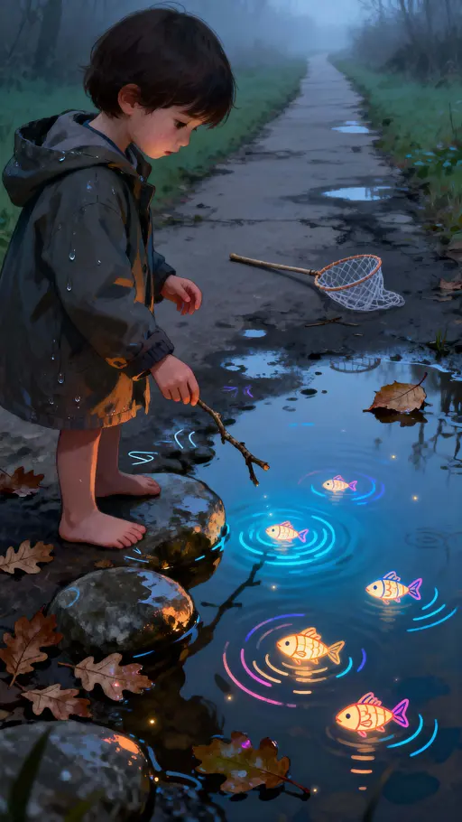 Child Fishing Glowing Doodle Fish By Path