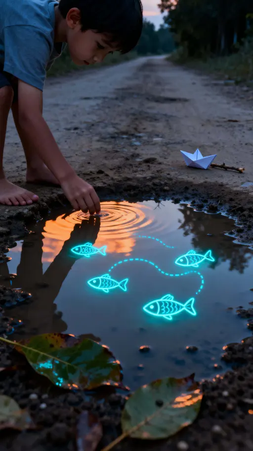 child fishing glowing doodle fish