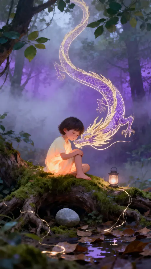 Child with glowing line-art dragon