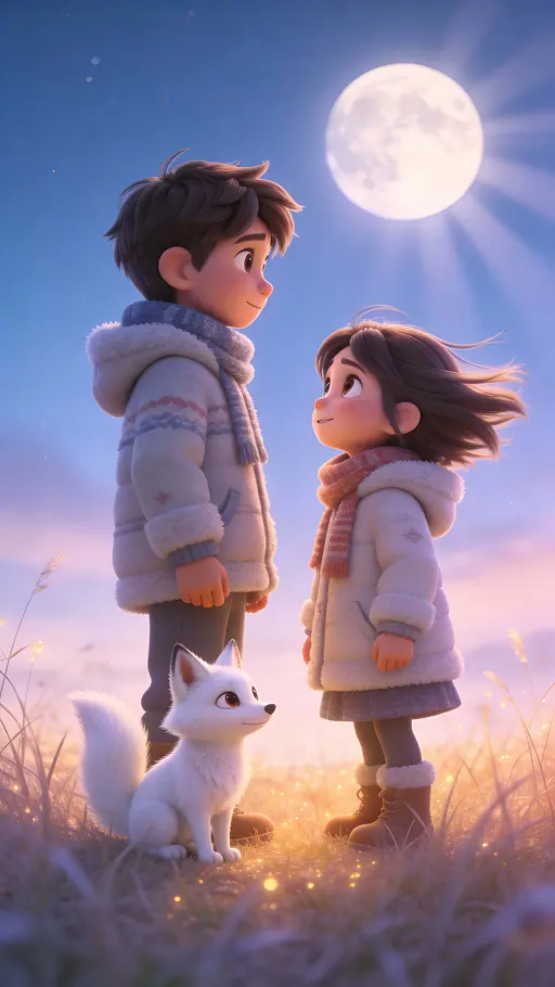 Children and White Fox in Moonlit Field