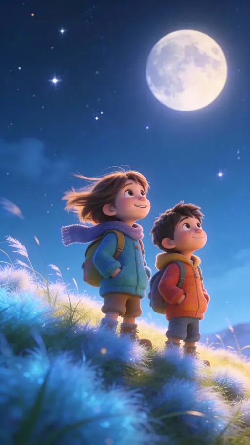Children Explorers Moonlit Fantasy Scene