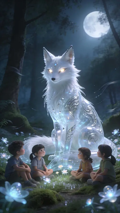 Children with glowing white fox spirit in moonlight