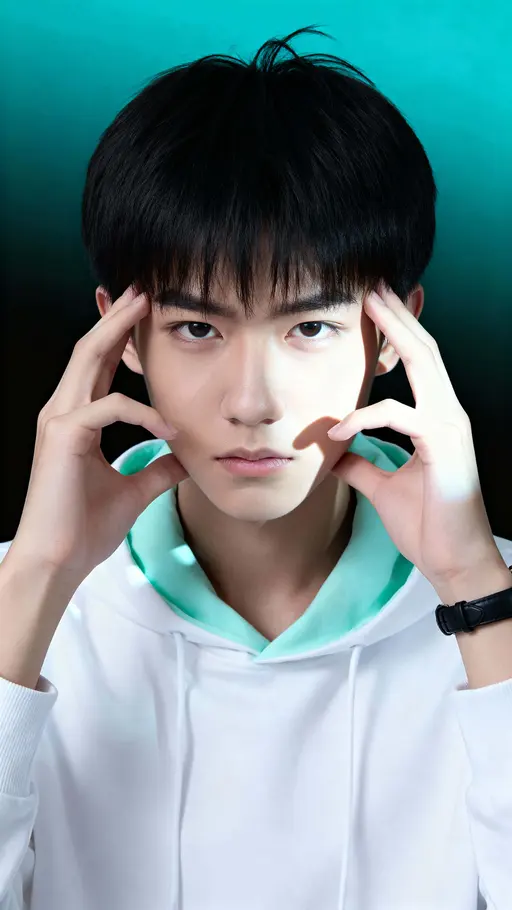 Chinese-student portrait, hands framing face, mint-lined hoodie