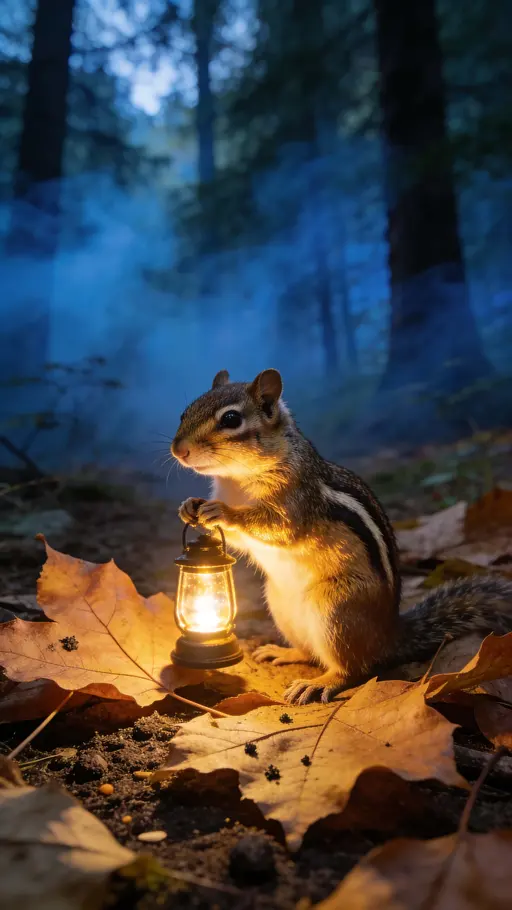 Chipmunk Holding Lantern in Deep Forest