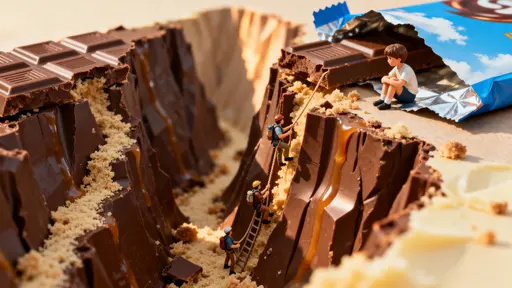 Chocolate-bar canyon with tiny explorers