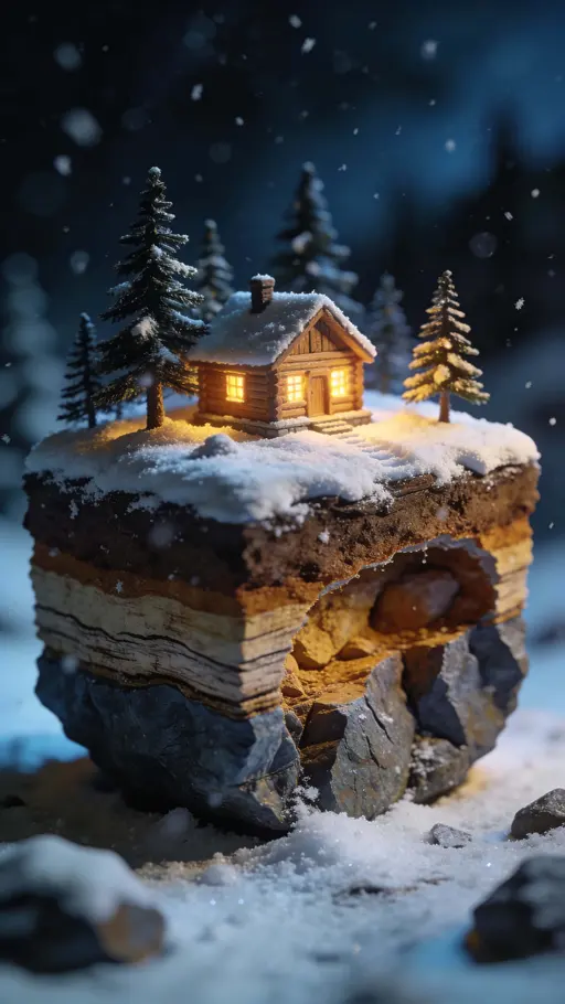 Christmas miniature world with glowing cabin