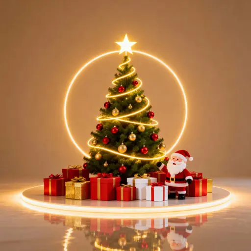 Christmas tree with Santa beside gifts