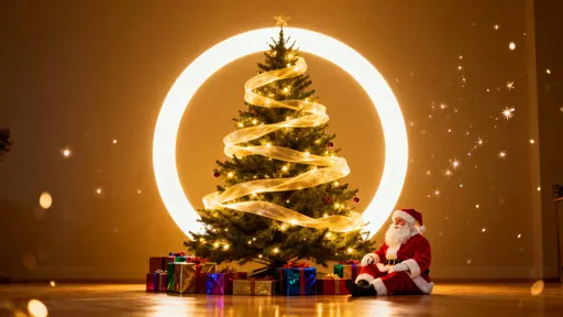 Christmas tree with Santa beside presents