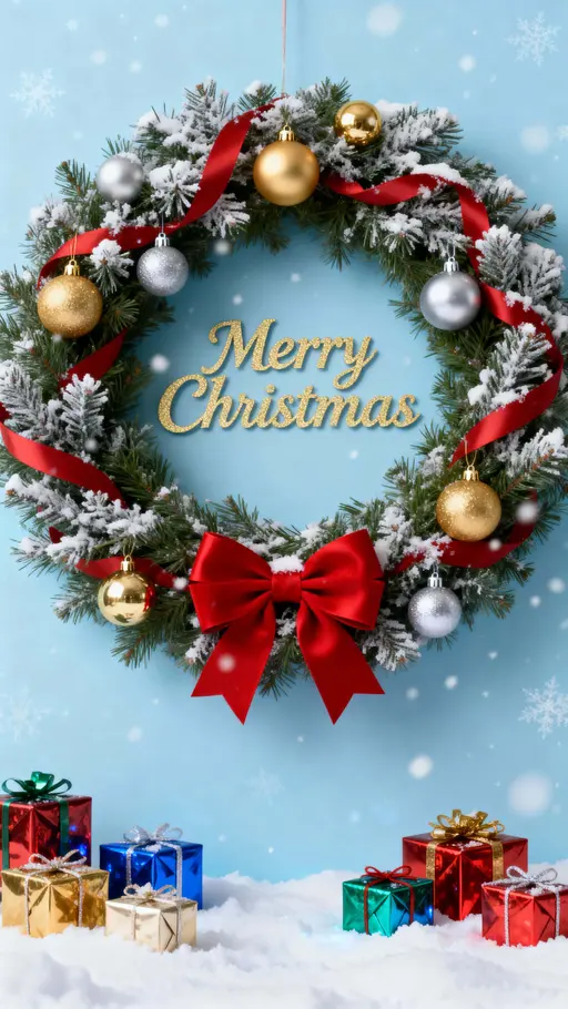 Christmas wreath and gifts on snowy background