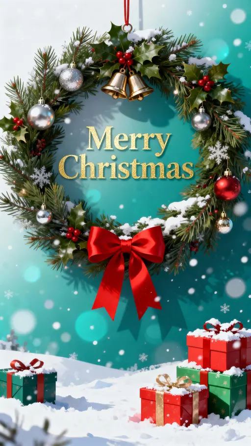 Christmas wreath and stacked gift boxes