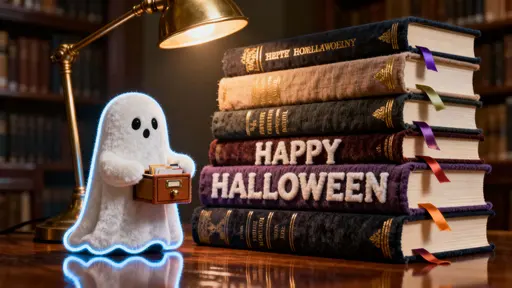 Cloth-spine 'Happy Halloween' sculpture with ghost librarian