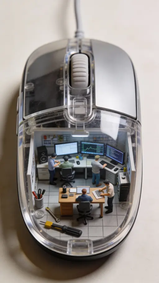 Computer mouse revealing tiny people inside workspace