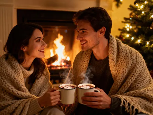 Couple by fireplace wrapped in blanket