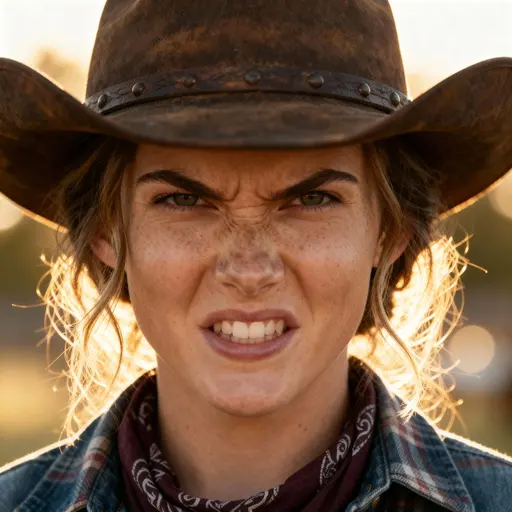 Cowgirl expressing intense fury