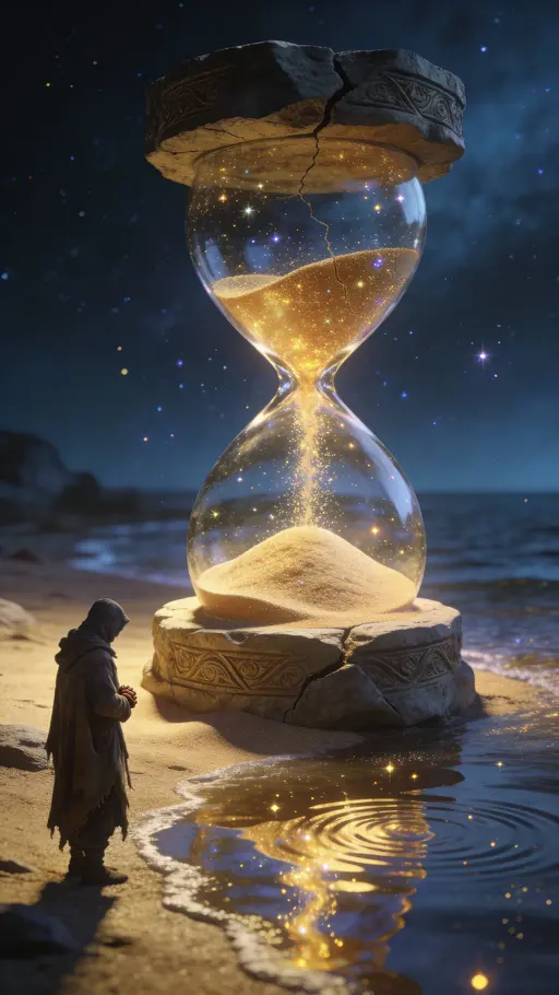 Cracked Stone Hourglass on Reflective Shoreline