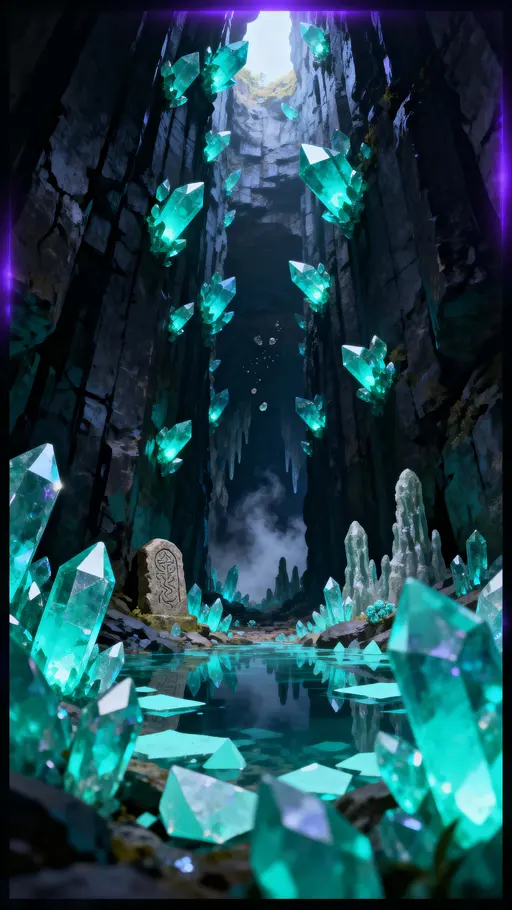 Crystal cave with glowing teal crystals