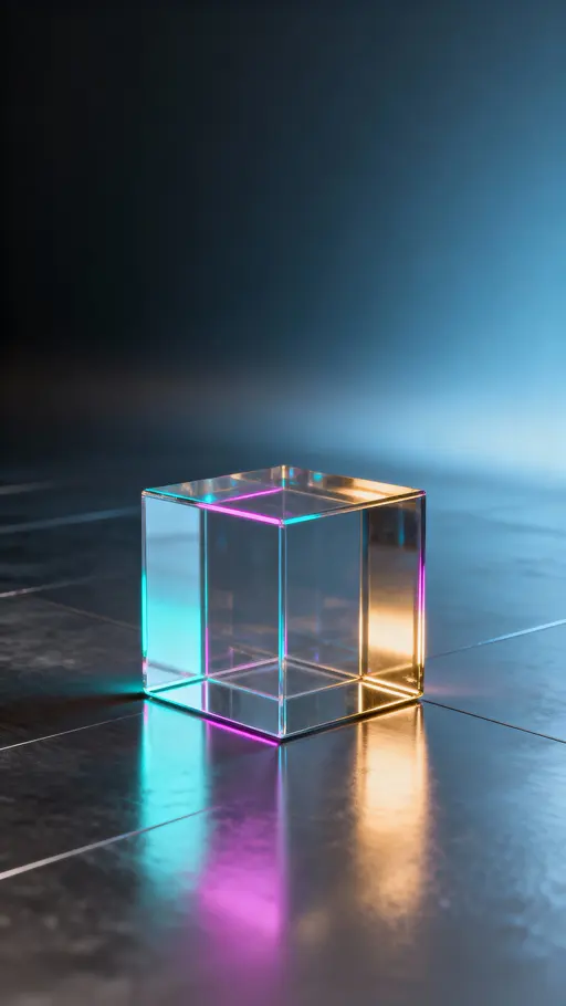 Crystal Cube on Polished Metallic Floor