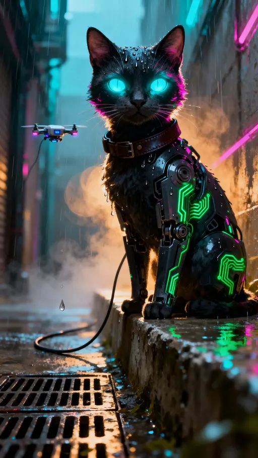 Cyberpunk cat glowing-eyed vertical portrait