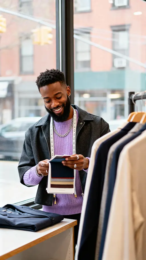 Darius Checking Fabric Swatches in Brooklyn