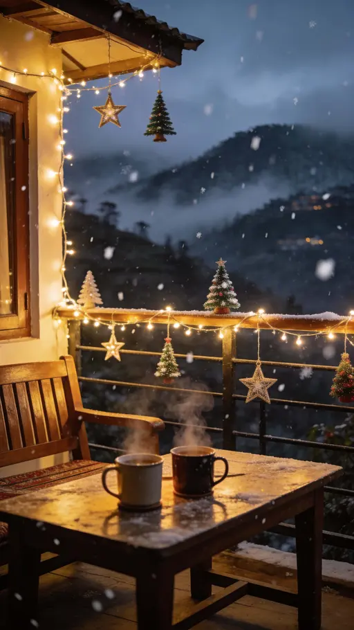 Darjeeling homestay night terrace with snow