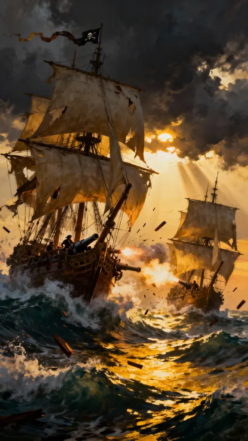 Dawn Pirate Ship Battle on Stormy Ocean