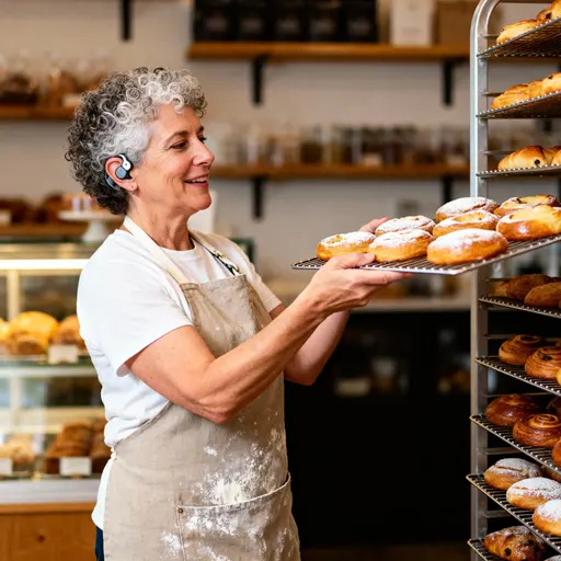 Deaf bakery owner inviting pastry portrait