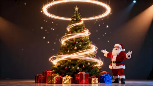 Decorated Christmas tree with joyful Santa