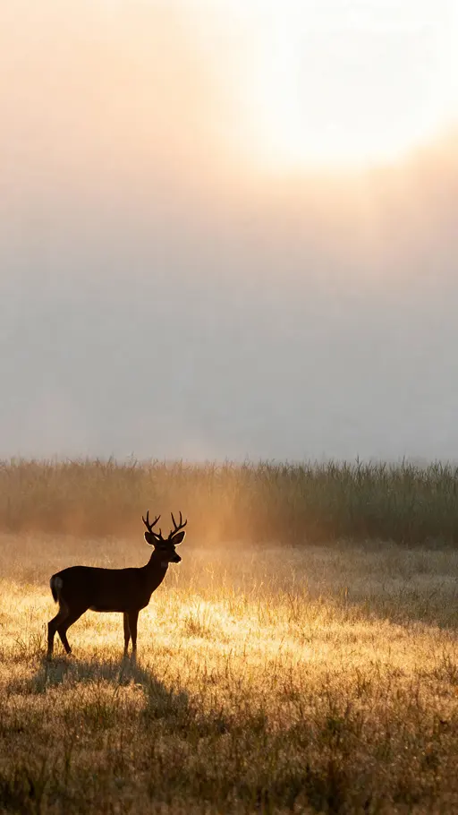 Deer silhouette in misty dawn field