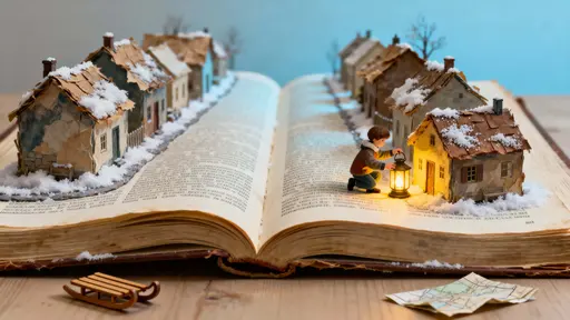 Dictionary rooftops snowy village child lantern