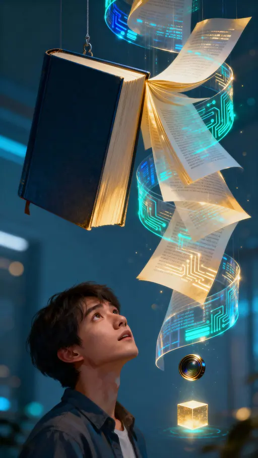 Digital book opens, glowing pages spiral