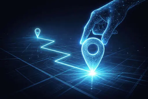 Digital Wireframe Hand Placing GPS Location Pin