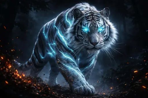 Electric Tiger Walking Through Dark Forest