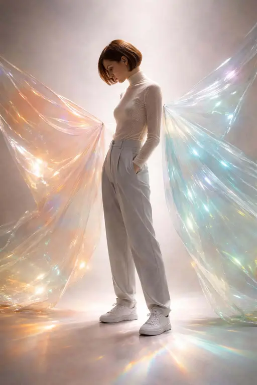 ethereal fashion figure in iridescent holographic cloaks
