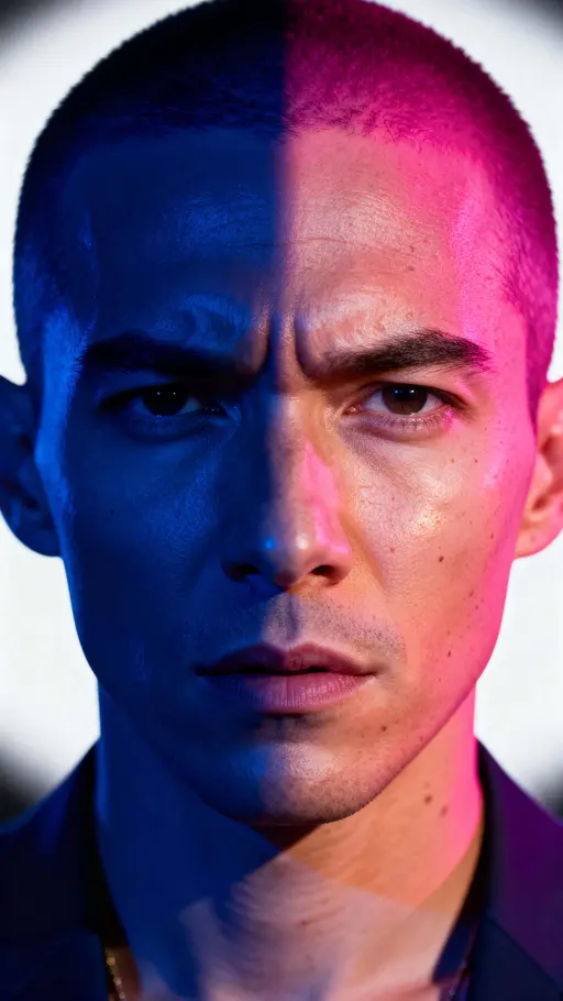 Face half-lit in color contrast