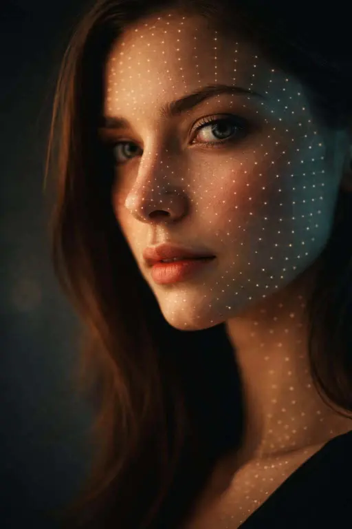 Face portrait with luminous grid overlay