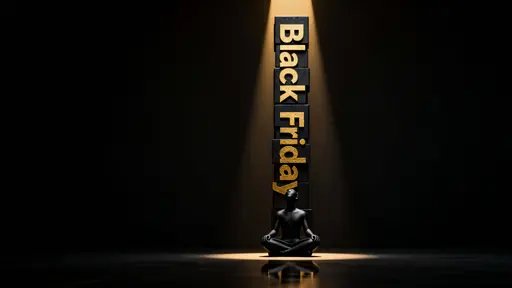 Faceless figure before Black Friday monolith