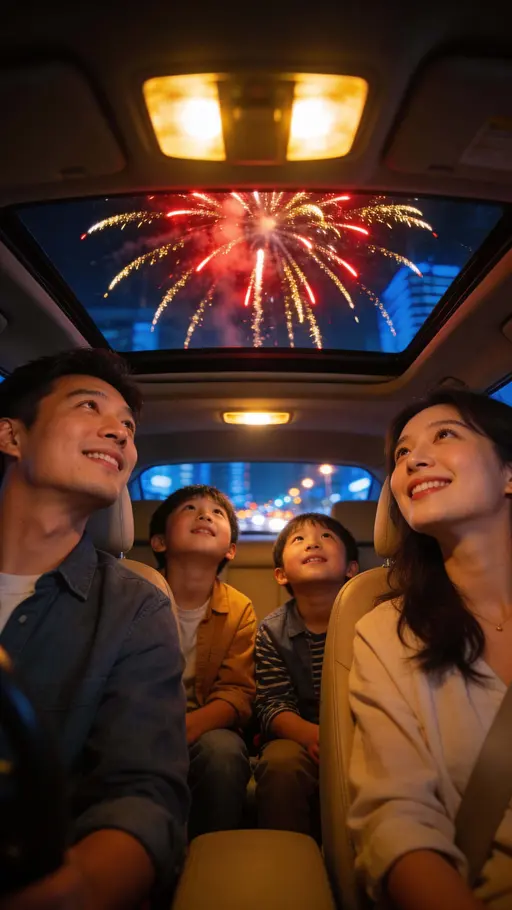 Family in Car Watching Night Fireworks