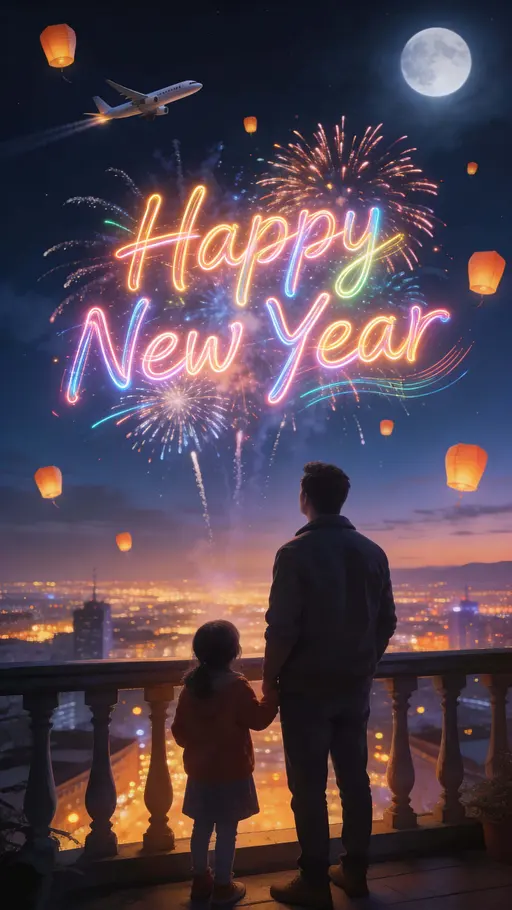 Father and Child Watching New Year Sky